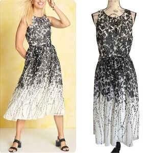 Talbots Trailing Tulips Black White Floral Midi Dress 12P Cocktail wedding guest